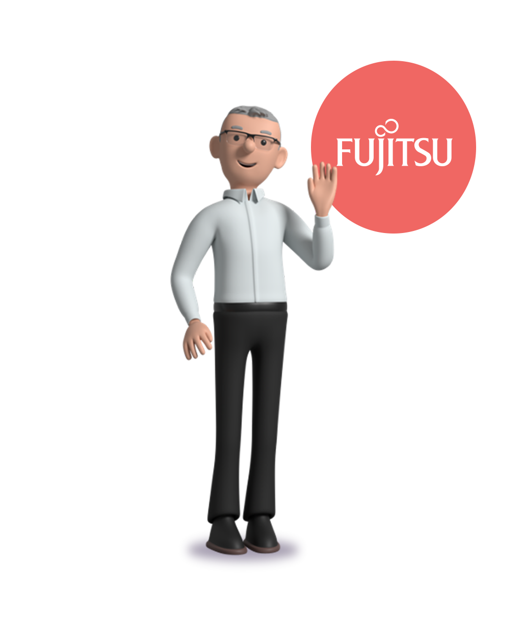 3d character and fujitsu logo